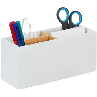 Relaxdays Schreibtisch Organizer, Bambus, 4 Fächer, für Bürobedarf & Kosmetika, Stiftehalter, HBT: 8 x 21 x 9 cm, weiß