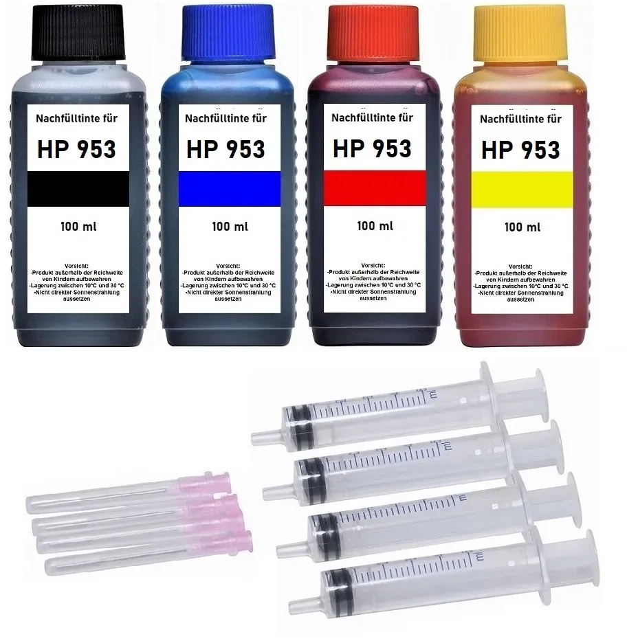 Nachfüllset für HP 953 + 953XL Druckerpatronen - 4 x 100 ml Druckertinte + Zubehör