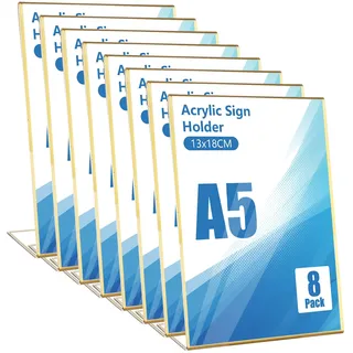 8 Stück Tischaufsteller mit Goldrand, 130x180MM Acryl Aufsteller Din A5 Tischaufsteller Schräg, Transparent Acryl Tischaufsteller, L-Acryls Ständer für Hochzeitsparty, Restaurants, Ausstellungen