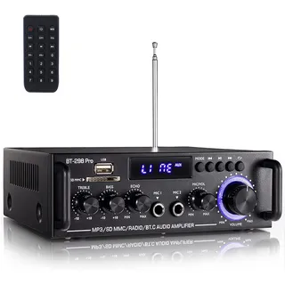 Etlephe 298 Pro Mini Verstärker, Bluetooth-Empfänger, Audioverstärker, Max 500 W x 2 RMS, 50 W x 2, 2-Kanal-HiFi-Verstärker, Heimkino-Stereo-Receiver, Höhen und Bässe mit USB/RCA/MIC/FM