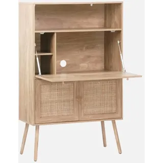 sweeek - Schreibschrank / Sekretär, 2 Türen und Regale, Holzeffekt und Rohrgeflecht Natur