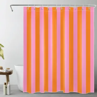 TACOKI 3D Duschvorhang 180x180 Rosa-Orange Duschvorhang Streifen Bad Vorhang Antischimmel Wasserdicht Duschvorhänge Textil Polyester für Badezimmer Badewannen mit 12 Haken 724z