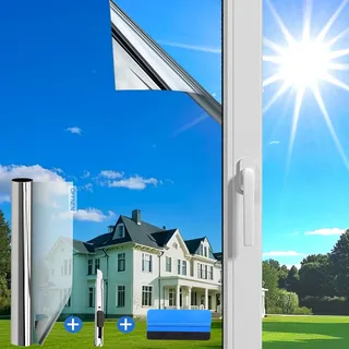 Evofensteere(34.5X400cm Silber) Fensterfolie Sonnenschutz Hitzeschutz innen oder außen | Rückstandslose Spiegelfolie Fenster Hitzeschutz | Selbstklebend UV Schutzfolie Fenster | Sonnenschutzfolie