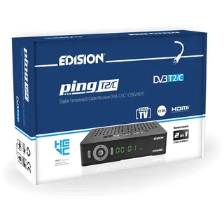 Edision PING T2 C Terrestrischer & Kabel Receiver DVB-T2 C H.265 HEVC Kartenleser Full HD PVR, 2xUSB, HDMI, SCART, LAN, S PDIF, IR-Auge, R2232, USB WiFi Support, Universal 2in1 Fernbedieung Schwarz