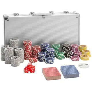 Tectake tectake® Pokerset, 300 farbige Chips, 5 Würfel, inklusive verschließbarer Aluminiumkoffer