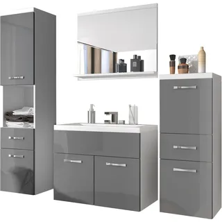 WELLTIME Badmöbel-Set »ELDA«, (Komplett-Set, 5 St.), Waschtisch inkl. Waschbecken, Hochschrank, Badschrank und Spiegel, weiß