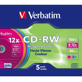 Verbatim CD-RW 700 MB, 5er Pack Slim Case bunt, CD Rohlinge beschreibbar, 52-fache Brenngeschwindigkeit mit langer Lebensdauer, leere CDs, Audio CD Rohling rewritable, CD leer