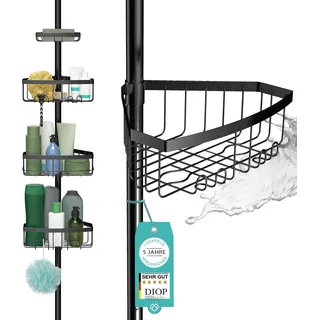 Teleskop Duschregal schwarz mit 3 Fach Anti-Rost Schutz (Version 2.0) - Stabiles & flexibles 105-270cm Duschregal Teleskop ohne Bohren - Teleskopregal Bad 4 Körbe - Klemmregal Dusche und Badewanne