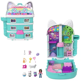 Mattel Polly Pocket x Gabby’s Dollhouse, Minipuppen und Spielset, 9 passende Zubehörteile, Tierfreunde Pandy Paws, Cakey, und Mercat, JFV02