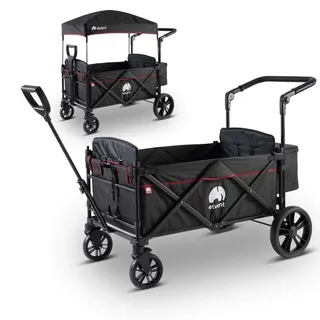 elvent® Allrounder City Bollerwagen - faltbar mit Dach | Sitzpolster, Hecktasche, Feststellbremse, 5-Punkt-Gurt I 2 Kinder (Schwarz)