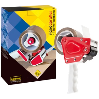 IDENA Packbandabroller inkl. 1 Rolle geräuscharmes Packband, braun