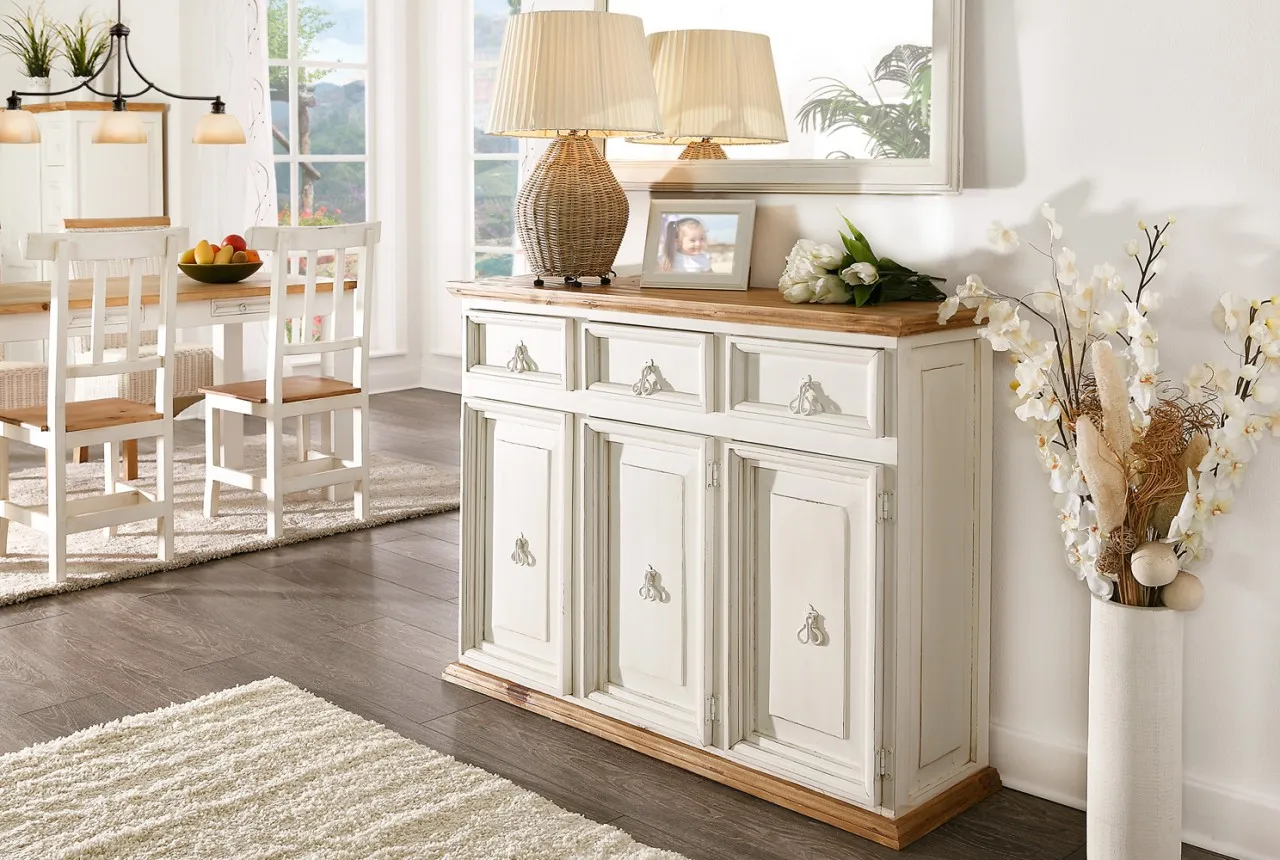 Sideboard Kommode MEXICO weiss / honig, Pinie massiv, Landhausstil