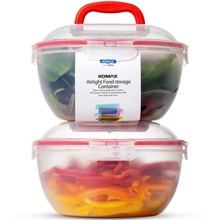 Komax Biokips Große Salatschüssel mit Deckel, 2 Stück, transparente Rührschüsseln 4.2 qt, BPA-freie Kunststoff-Aufbewahrungsschüsseln mit verschließbaren Deckeln, mit Griffen, große Salatschüsseln