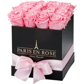 PARIS EN ROSE Rosenbox ECKIG | mit 12 rosa Infinity Rosen Größe XL | eckige, schwarze Box mit Schleife | ewige Rose | 3 Jahre haltbar | Grußkarte