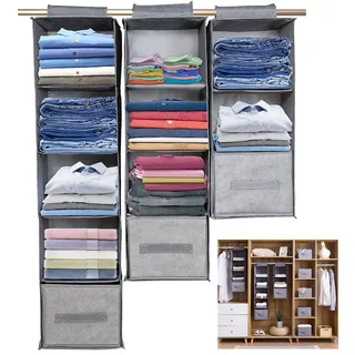 Jibenhome Organizer 3/4/5 Lagen Hängeregal Schrankorganizer, Kleiderschrank-Organizer Grau, Ordnungssystem Hängeaufbewahrung Faltbar MDF Stabiler, Hängend Schrank 4-Lagen