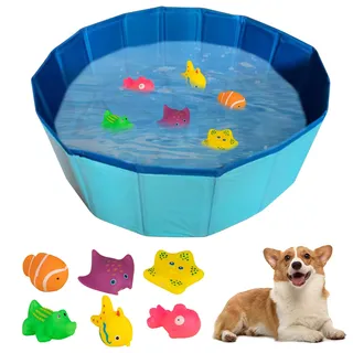 Faltbar Hundepool für Große & Kleine Hunde,60x20cm Katzenpool mit 6 Fischen Spielzeug,PVC rutschfeste Schwimmbecken für Hunde,Planschbecken für Haustiere,Hundebadewanne,Wasserspielzeug Minipool
