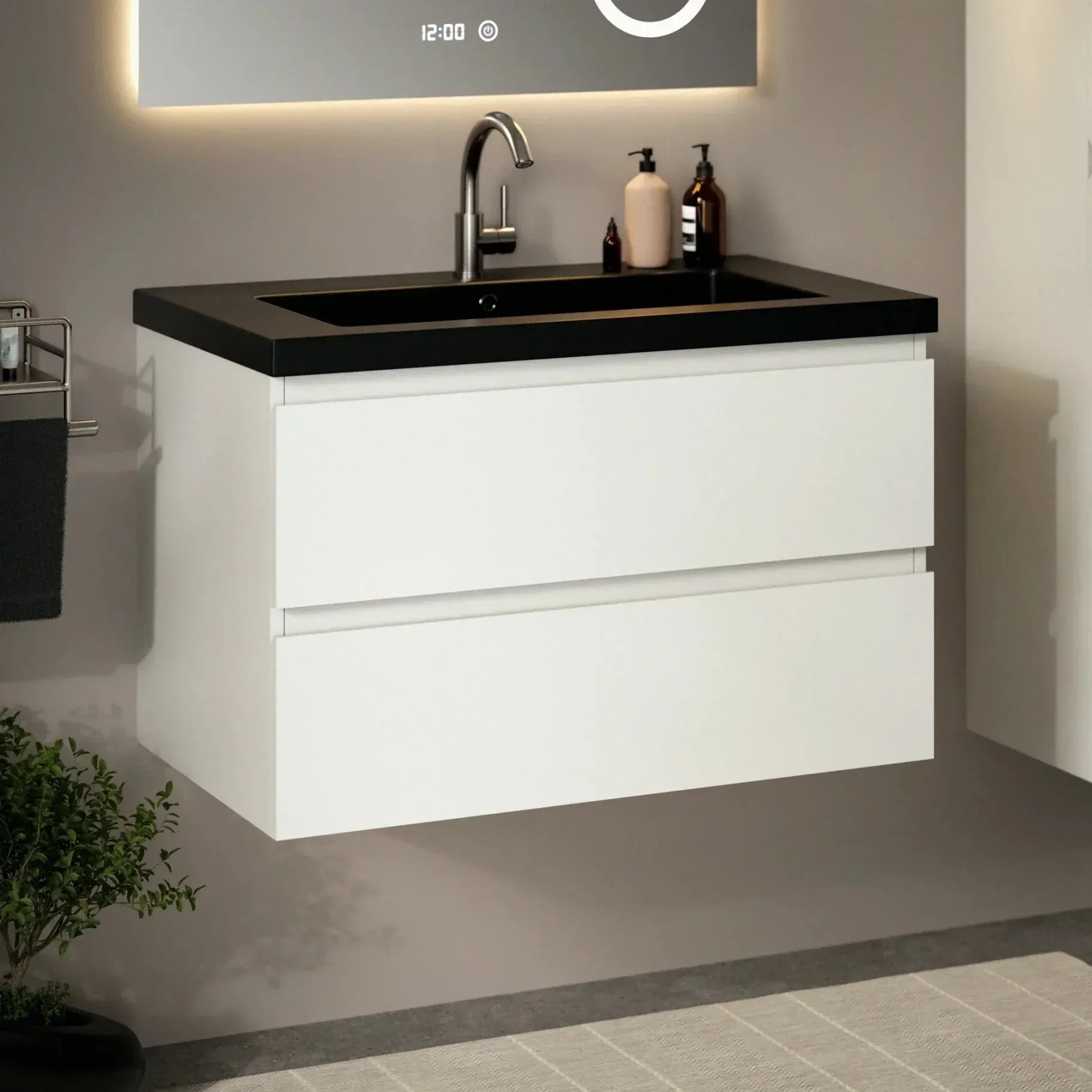 Badezimmermöbel Sova – 80 cm – Weiß – Schwarzes Waschbecken - Vorbestellen