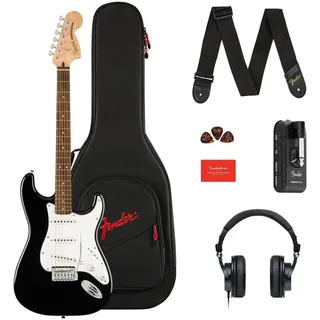 Squier by Fender Affinity Stratocaster Mustang Micro Pack E-Gitarren Set Ahorn, Pappelholz), Gitarre, Schwarz