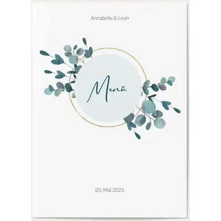 Menükarten zur Hochzeit selbst gestalten - Eukalyptus Liebe - Weiß | Wunderkarten.de