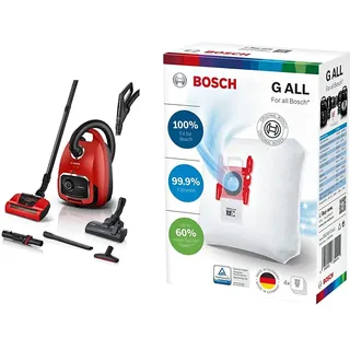 Bosch Staubsauger mit Beutel ProAnimal Serie 6 BGL6TPET, Bodenstaubsauger, 700 W, rot & 4X Staubsaugerbeutel PowerProtect Typ G All, BBZ41FGALL, 99,9% Feinstaubfilterung, 50% längere Nutzungsdauer