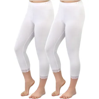 SES Capri Leggings mit Spitze 44-46 weiß 2er Pack aus Baumwolle/blickdichte Leggins mit Spitze/elastische Damen Leggins 3/4 lang Baumwolle/Leggings Damen mit Spitze mit Perfekter Passform - 44-46