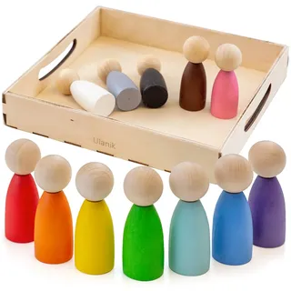 Ulanik Große Steckpuppen zum Sortieren Montessori Spielzeug ab 3 Jahre + Baby Waldorf Puppen Sensorik Holzspiele zum Zählen und Farben Lernen — 12 Holzzwerge