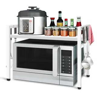 Todeco Mikrowellenregalständer, Mikrowellen Regal ständer Einstellbar Länge und Höhe, Multifunktion Platzsparende Küchen Arbeitsplatten, mit 6 Haken Belastet Bis 25 KG (36-60) x36 x (34-44) cm, Weiß