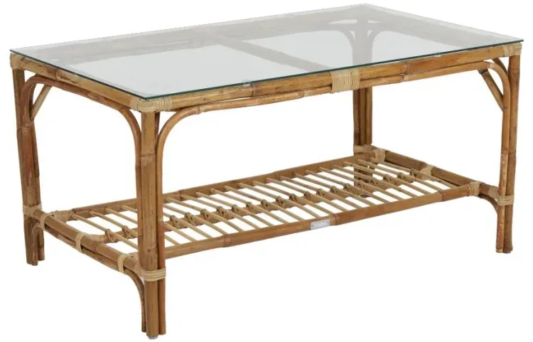 Gartencouchtisch Astraken aus Rattan und Glas, Boho Stil, natur, 100x60 cm, für draußen