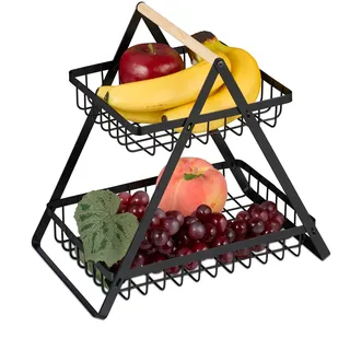 Relaxdays Obstkorb Etagere 2-stöckig, Obstschale für die Küche, moderner Metallkorb für Obst und Gemüse, Metall, schwarz,