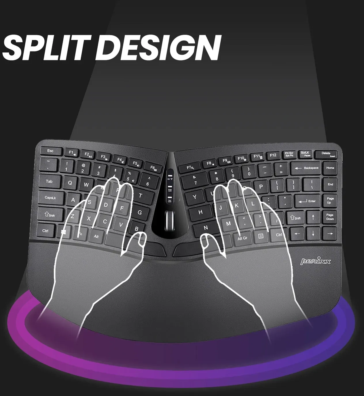 PERIDUO-606A - 3-in-1 Kabellose kompakte ergonomische Tastatur mit vertikaler Maus und numerischem Tastenfeld