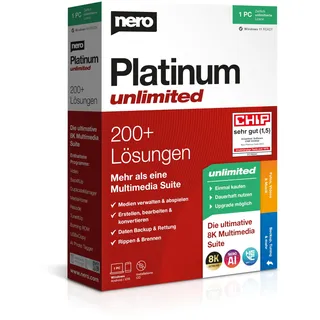 Nero Platinum Unlimited | Retailbox mit CD | Videobearbeitung | Medien verwalten & abspielen | Künstliche Intelligenz | 8K | Fotos | Musik | PC Tuning | Windows 11 / 10 / 8 / 7