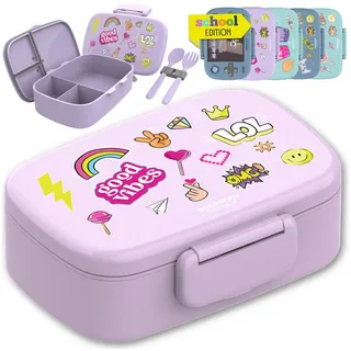 Bearfoot Brotdose Kinder mit Fächern, BPA frei, Lunchbox, Bento box, Brotbox, Brotdose Mädchen & Jungen, Snackbox, 100% auslaufsicher, Vesperbox für Kindergarten, Schule (Sticker-lila)
