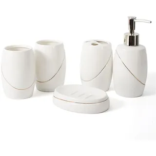 JTBDWOSK Badezimmer Set, Seifenspender Sets Weiss, mit Zahnbürstenhalter, Seifenspender, Seifenschale, zahnputzbecher, für Wohnung, Hotel, Keramik,F