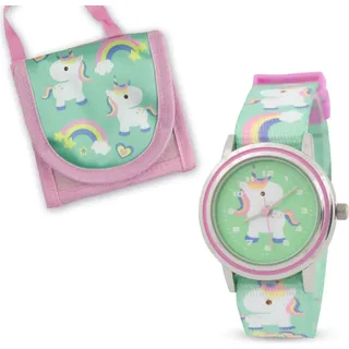 Miraval Kinderarmbanduhr mit Brustbeutel Textilarmband Einhornmotiv für Mädchen Einschulung