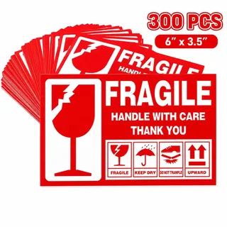 Warnetiketten Aufkleber fragile, leuchtrot Umzugs-Etiketten Vorsicht zerbrechlich Glas Bruchgefahr Paketaufkleber handle with care, Versandetiketten selbstklebend,Vorsicht glas 300pc 15 x 9 cm