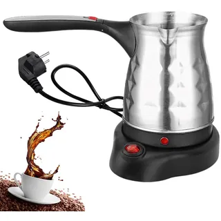 Calenxy Elektrische Türkische Kaffeemaschine Mit Griff, 500ml Espressokocher Türkische Teekanne Elektrische Kaffeekanne, Edelstahl Wasserkocher für Haushalt Café Büro Reisen, Einfach Silver