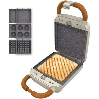 Cecotec Sandwichmaker Rock'Ntoast Retro One Beige. Drei austauschbare Platten, Retro-Design, Rockstone-Beschichtung, 700W, Leuchtanzeige, rutschfeste Basis, kühler Griff, Verschlusszange