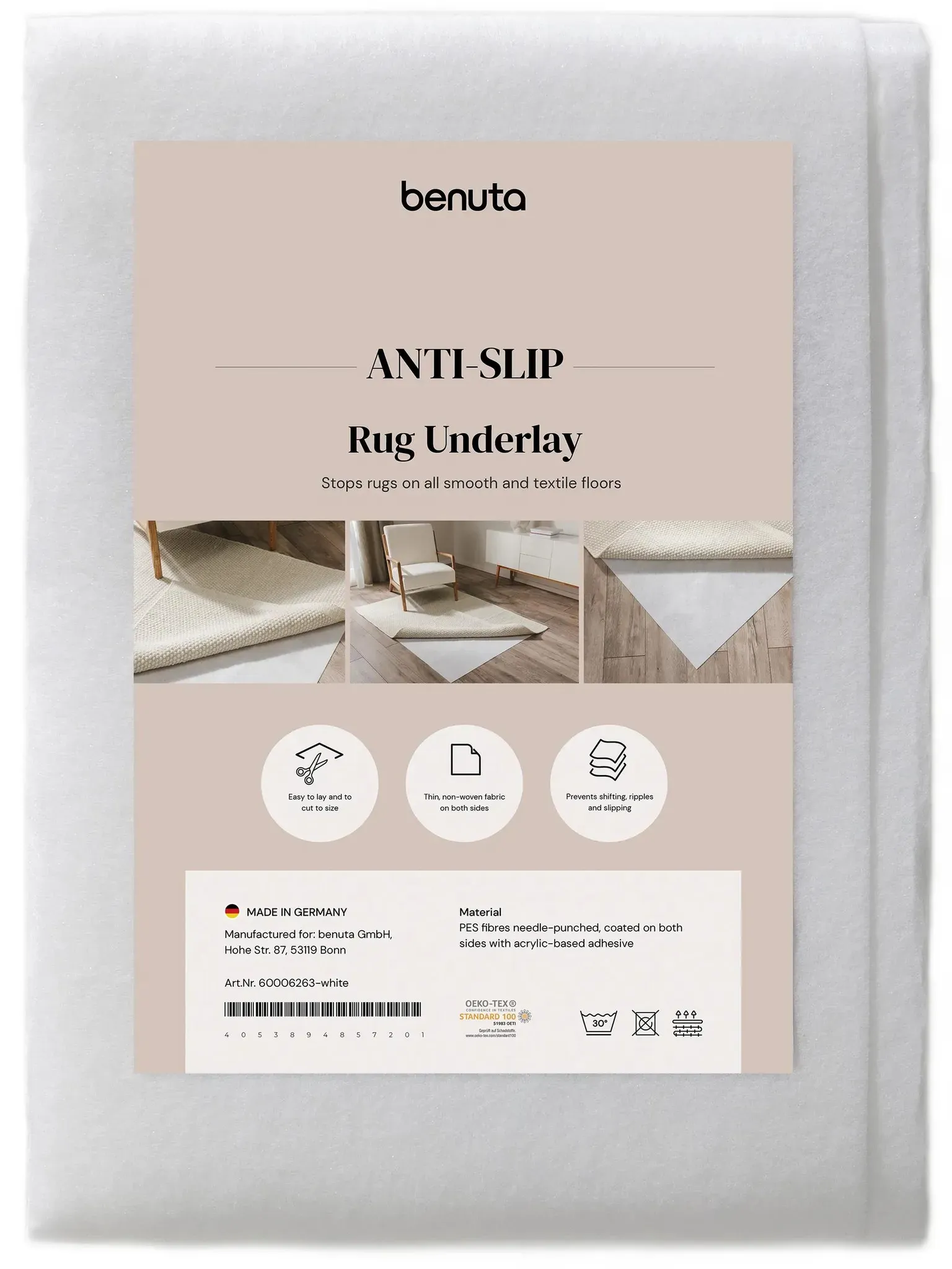 benuta Basic Kurzflor Teppichunterlage Prima Weiß 120x170 cm - Moderner Kurzflor-Teppich für Wohnzimmer