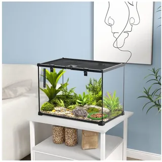 PawHut Terrarium für Reptilien Reptile Fütterungsbox Glasterrarium Amphibien Spinnentiere mit Thermometer Reptilienzuchtbox Metall Schwarz 50 x 30 x 35 cm