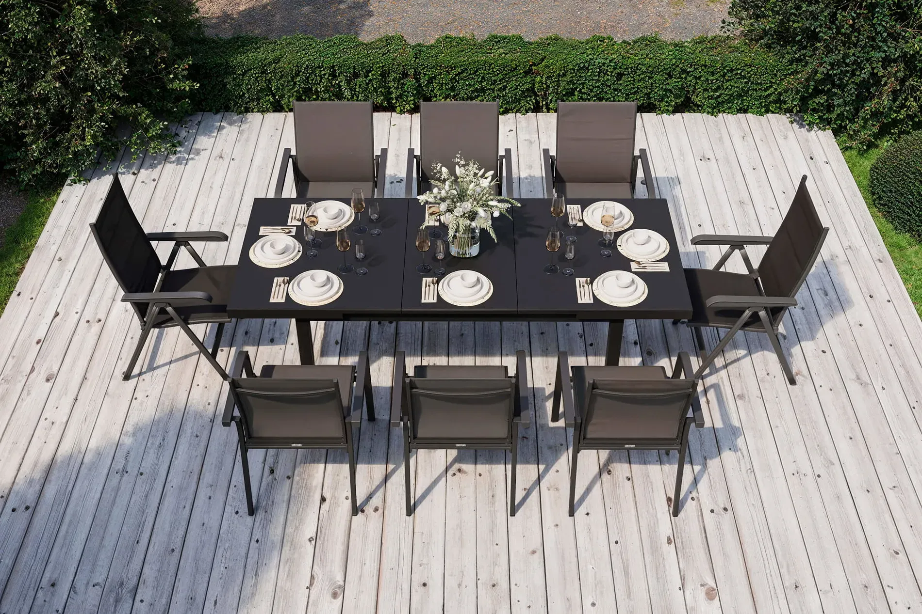 KETTLER BasicPlus Garten-Essgruppe, anthrazit, Alu/Textilene, Tisch 180/240x100cm, 6 Stapel-, 2 Klappstühle