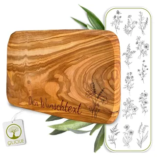 Frühstücksbrettchen personalisiert, Olivenholz - Hochwertiges Vesperbrett mit Gravur als individuelles Geschenk (Floral)