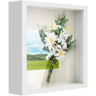 Anhow 3D Bilderrahmen zum Befüllen, 20x20x4 cm 3D Bilderrahmen mit Echtglas Tiefer Objektrahmen für Hochzeitsgeschenk und Erinnerungsstücke - Weiß/ 3cm Tiefer