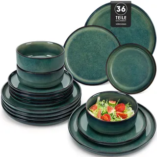 Geschirrset 12 Personen modern, vancasso STARRY 36 teiliges Steinzeug Geschirr Set, Teller Set, Kombiservice Set Grün, Tafelservice 12 Personen, Inklusive Speiseteller, Dessertteller und Müslischalen