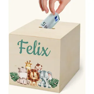 Personalisierte Kinder Spardose aus Echtholz mit niedlichen Designs und eigenem Namen - Spielerisches Sparen für Groß und Klein - Größe ca. 10x10 cm