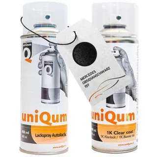 uniQum Spraydose Autolack + Klarlack für MERCEDES OBSIDIANSCHWARZ 197 Autolack Reparatur 2x 400 ml