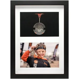 Medaillenrahmen für Medaillen und Foto, Triathlon und Marathon Finishing Medal & Photo Frame Kit, Medaillen Vitrine für Läufer, Fußball, Gymnastik, alle Sportarten (Schwarz, A4)