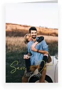 Save The Date Karte: Goldene Schrift mit Fotos