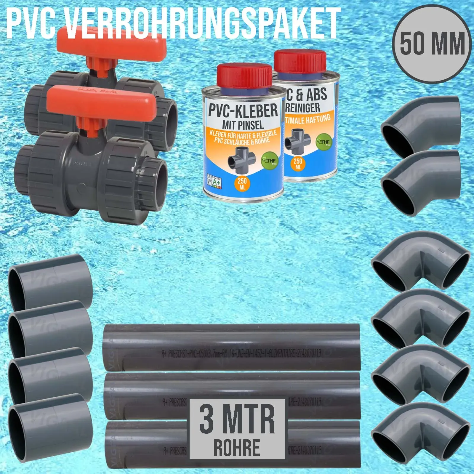 50 mm PVC Klebe Fittings Verrohrungspaket Pool Schwimmbad Schlauch Rohr FEST - 3...