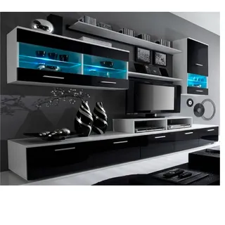 SKRAUT HOME – Wohnzimmermöbel – 194 x 250 x 42 cm – LED-Beleuchtungssystem – Modell Alfa II – große Speicherkapazität – moderner Stil – Ausführung in Weiß/Schwarz