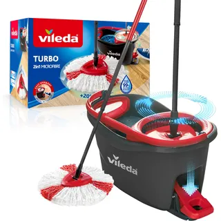 Vileda Turbo Wischmopp Komplett Set | Mikrofaser-Mopp mit Teleskopstiel & Eimer mit Schleuder - Hygienisches und nachhaltiges Wischsystem mit Pedal | Für Fliesen, Laminat & Parkett | Eco-Verpackung